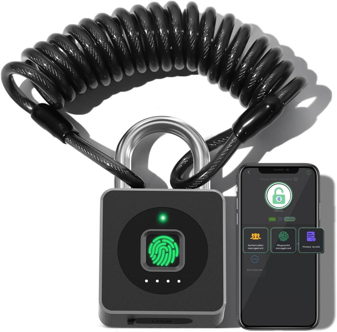 Pothunder Fingerprint Lock With APP, Steel Cable Keyless Biometric Padlock, Smart Waterproof for Gym, Locker, Helmet, Gate, Fence, Luggage