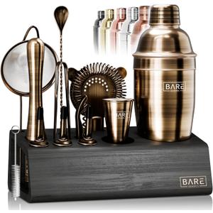 BARE BARREL® Mixology Bartender Kit Bar Set | 14-Piece Martini Cocktail Shaker Set | Professional Barware Mixing Tools for Home Bartending | Stand & 35 Recipe Cards | Gift Set (Brushed Brass)