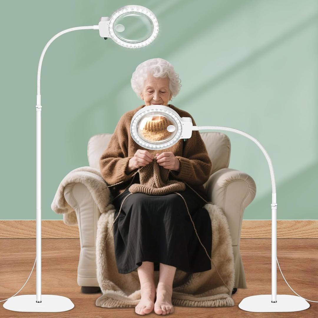10X 30X Large Magnifying Glass with Light and Stand,36 LED Flexible Gooseneck Floor Magnifying Lamp,Adjustable Brightness Lighted Magnifiers for Reading,Sewing,Crafts,Painting,DIY,Close Work (White)