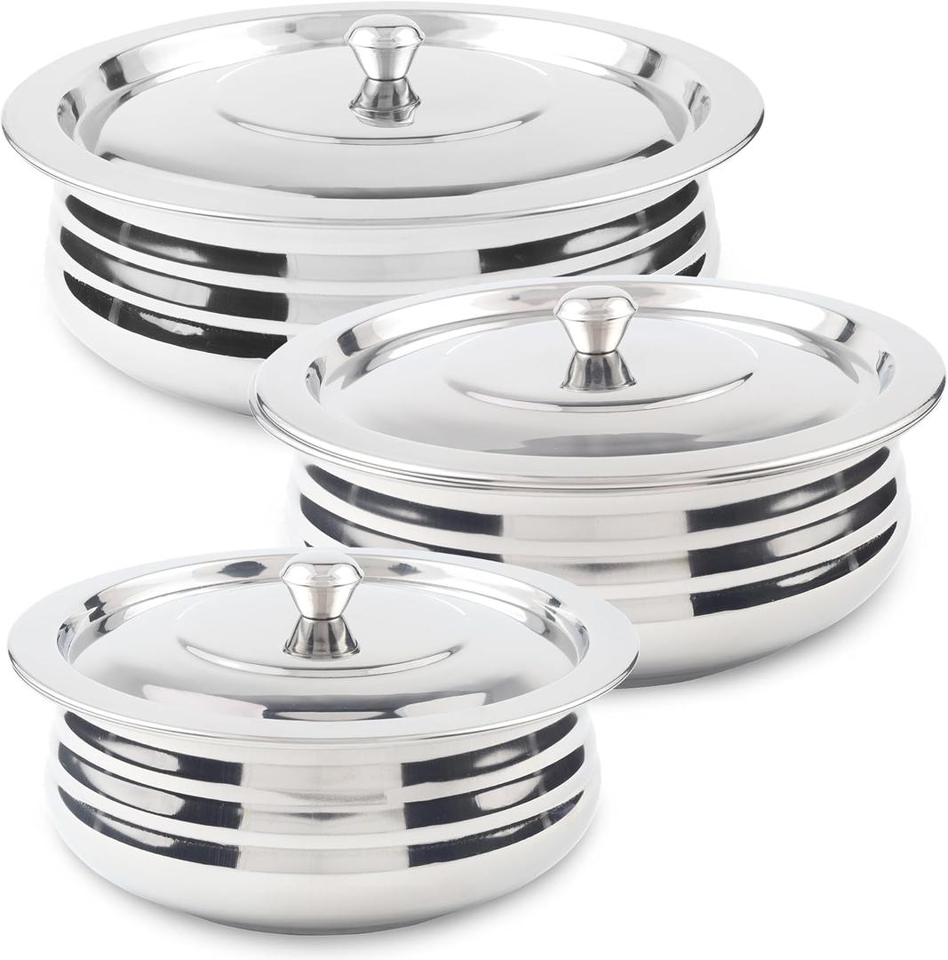 CRAFTONE Stainless Steel Heavy Duty Induction Cooking Pot Cook and Serve Handi With Lid Set of 3 pcs, Premium Steel Tope, Patila Handi for both cooking and serving (1.9 Qt, 2.4 Qt and 3.3 Quart)
