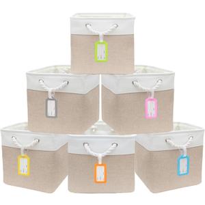 6 Pack Cube Storage Bins, 11 x 11 Inch Stitching Color Collapsible Fabric Storage Basket with Ropes, Foldable Storage Cubes for Home, Office,Closet, Clothes (White & Beige)