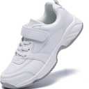 Boys Girls Tennis Shoes Leather Running Sneakers Hook & Loop Kids School Cheer Shoes (2 Big Kid, White)