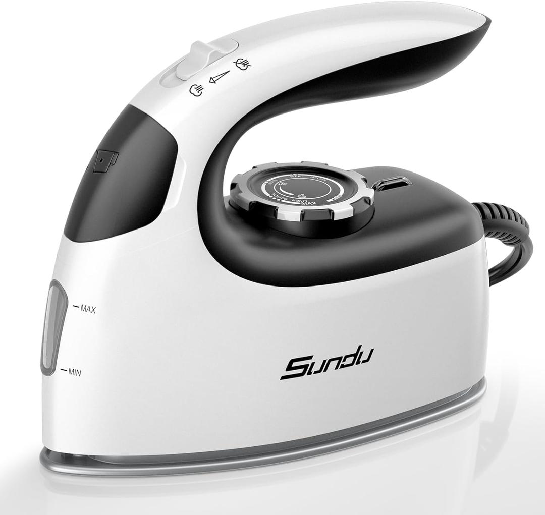 Sundu Mini Travel Iron with Steam,1000W Portable Non-Stick Soleplate Steam Small Iron for Quilting & Sewing,300 Microsteam Holes,90ml Water Tank,Lockable Safety Base,Digital Temperature Control (Black and white)