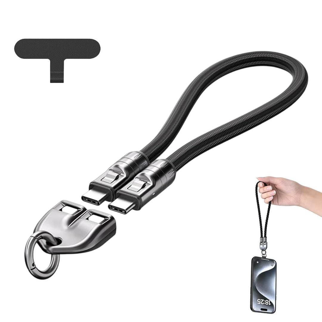 2 x C to C 240W Charging Cable with Wearable Bracelet Design,5A Fast Charging Phone Lanyard,Portable USB-C Charging Cable Phone Lanyard,Travel Essentials for Smartphones,Tablets,Laptops (Black)