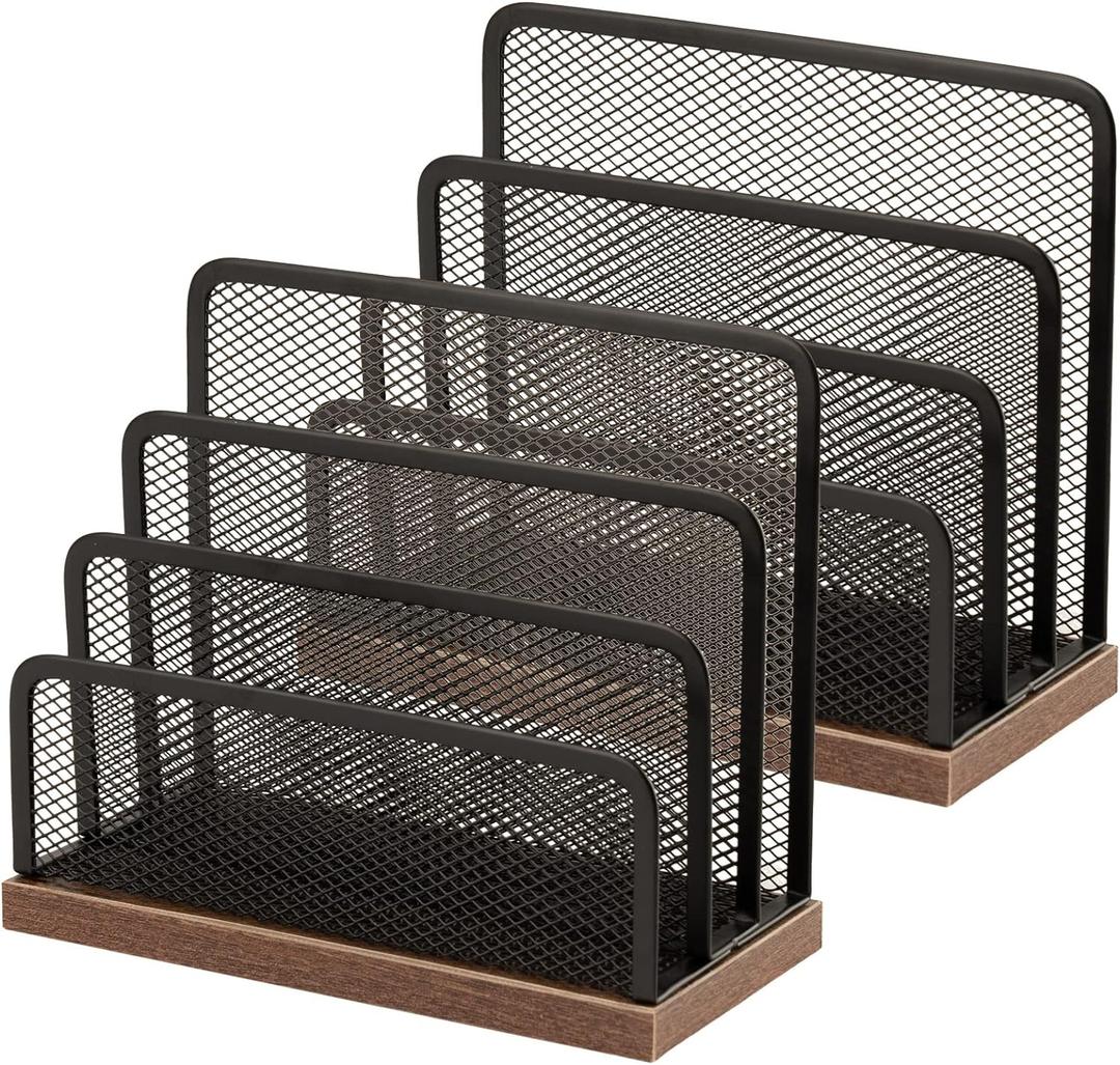Wooden Desk Mail Organizer, Desktop File Organizer Metal Mesh with 3 Vertical Upright Compartments, Mail Sorter Letter Organizer Rack for Letters, Postcards, Brochures, Mail Holder (2 Pack Black)