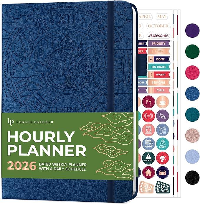 Legend Dated Hourly Weekly Planner 2026 – Daily, Monthly & Yearly Agenda with Time Slots – Hardcover Organizer Journal, 5.8x8.3” (Mystic Blue