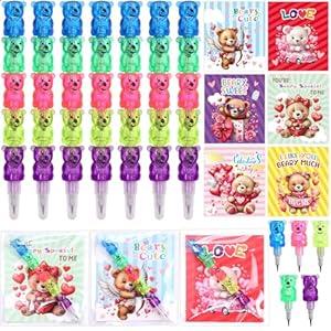 ceiba tree Valentines Day Stationery Gift Set for Kids Valentine's Day Pencils with Cards Assorted Plastic Stacking Bear Pencils Goodie Bag Stuffers for Classroom Rewards School Exchange Party Favors
