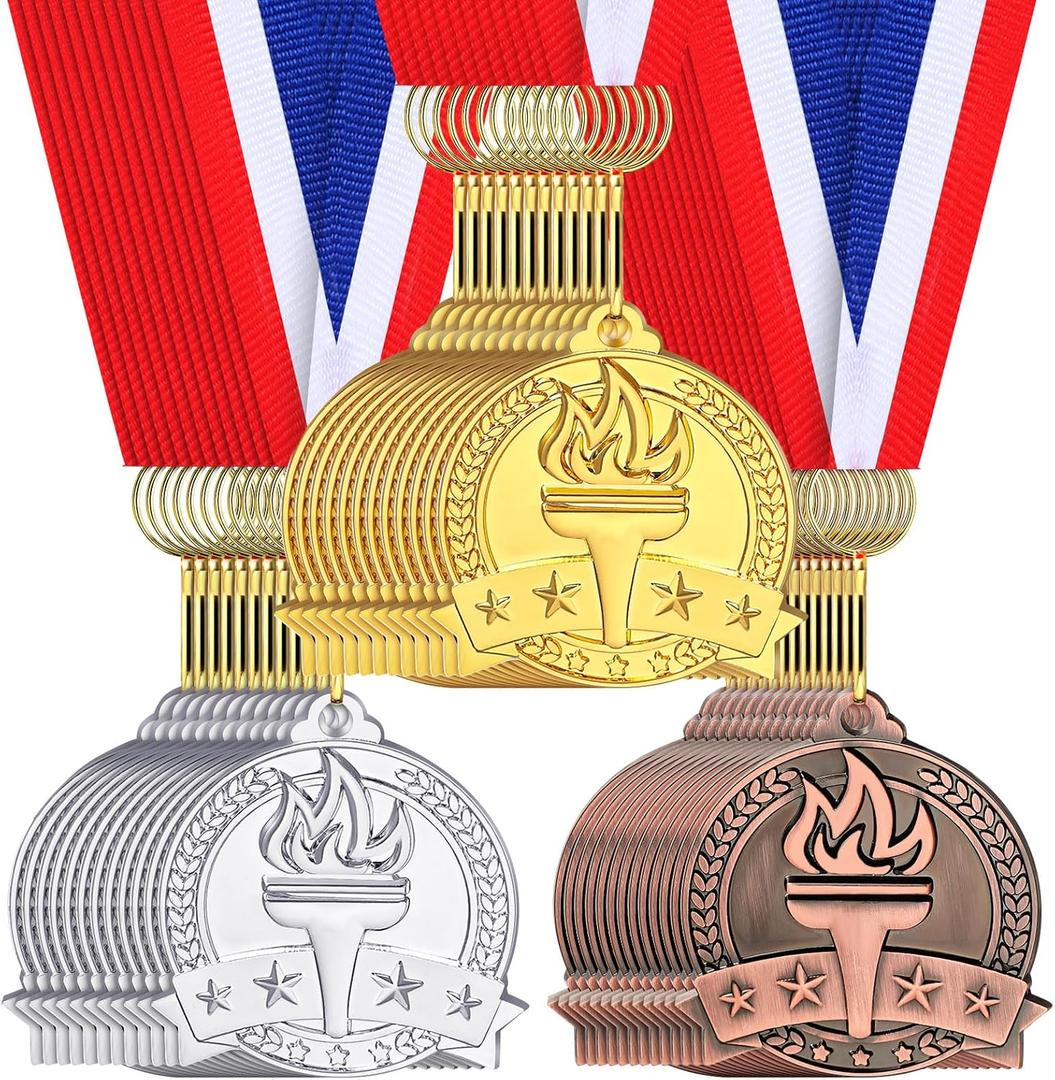 Landical Gold Silver Bronze Medals Bulk 2" Torch Award Medals with Neck Ribbon Metal Winner Awards for Adults Competitions Sports Football Basketball Tennis Events Party Tournaments Prizes