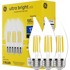 GE Ultra Bright LED Light Bulbs, 8W (1080 lumens), Soft White Candle Lights, Clear Decorative CA12 Light Bulbs, Medium Base (3 Pack)