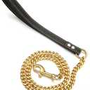 3FT/4FT/5FT Strong Gold Dog Chain Leash, 11/15mm Wide Stainless Steel Cuban Link Chain, Easy Hook,with Genuine Leather Handle, Short Leash, Long Leash, for Large/Medium/Small Dogs (11mm,3FT) (Length:3FT(36inch))