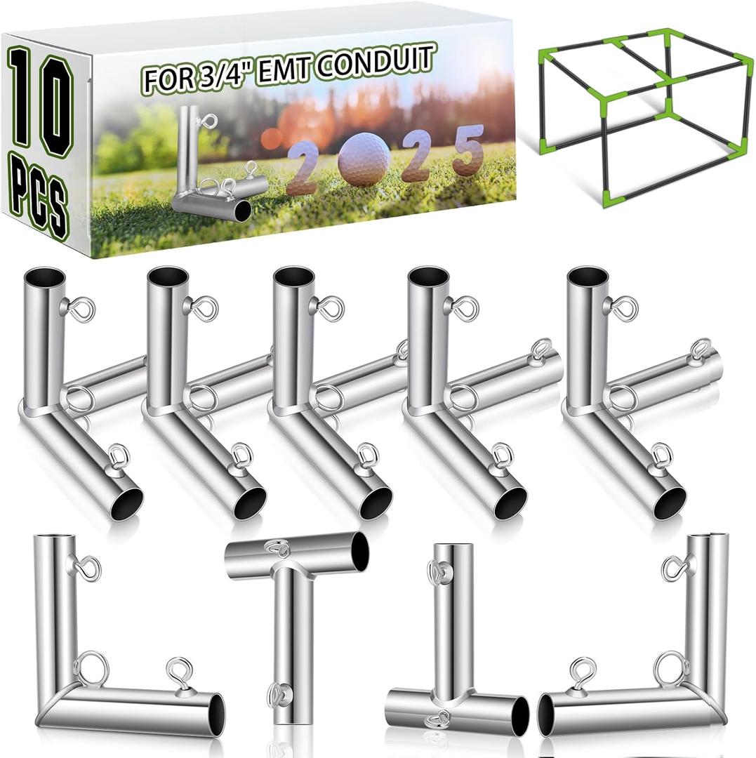Blulu 10 Pieces 3/4'' Golf Frame Corner Kit DIY Canopy Fittings with Threaded Eye Bolts for EMT Conduit 10' l x 10' W x 10' H Practice Cages and Nets Backyard Indoor Outdoor Home, Silver