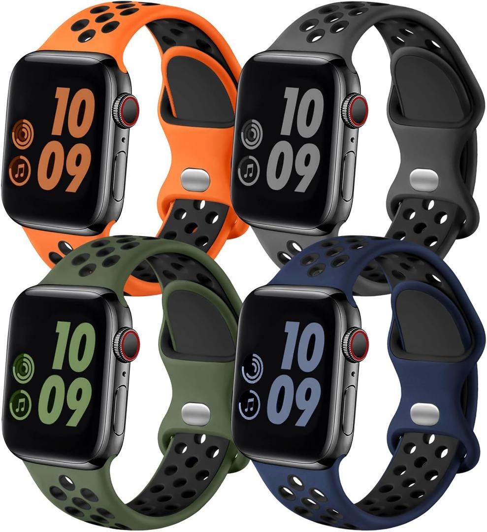 Adorve Compatible with Apple Watch Bands 49mm 46mm 45mm 44mm 42mm 41mm 40mm 38mm for Men Women, Breathable Air Holes Silicone Sport Band for iWatch Ultra 2 SE Series 10 9 8 7 6 5 4 3 2 1,4 Pack, M (Anthracite Black/DarkBlue Black/ArmyGreen Black/OrangeBlack)