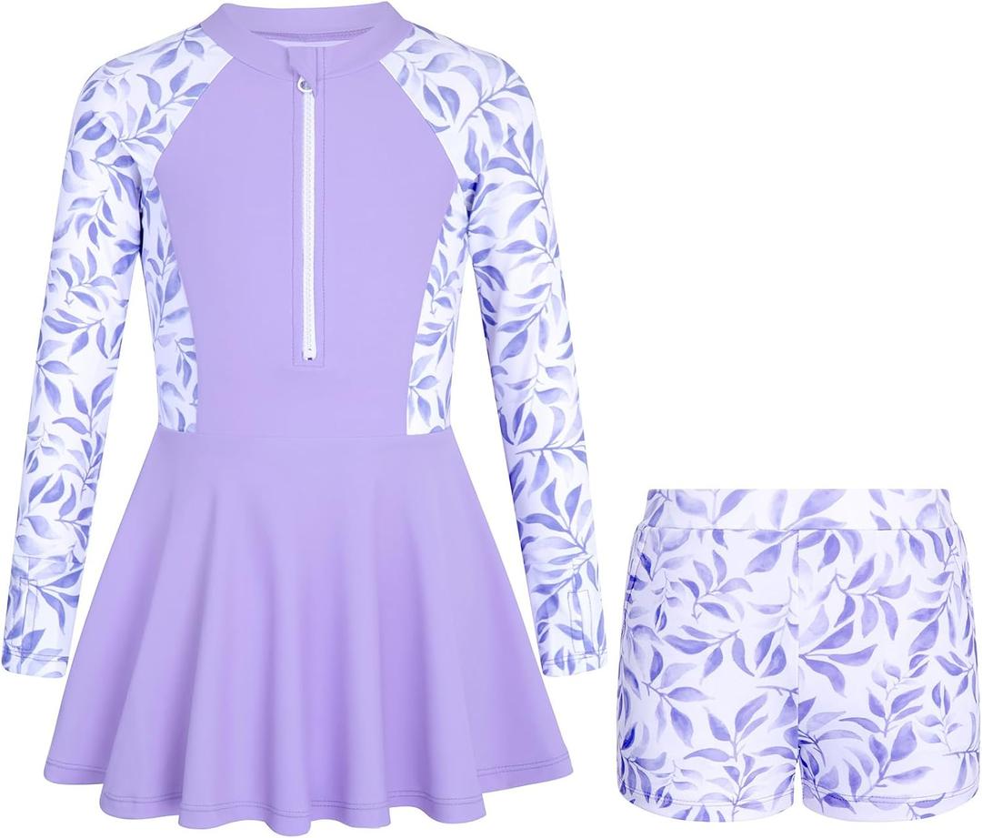 HOZIY Girls Long Sleeve Swimsuit Two Piece Rash Guard Dress with Swim Shorts Front Zip for Kids Tween Teens UPF 50+ (7-8 Years, Lavendar Floral)