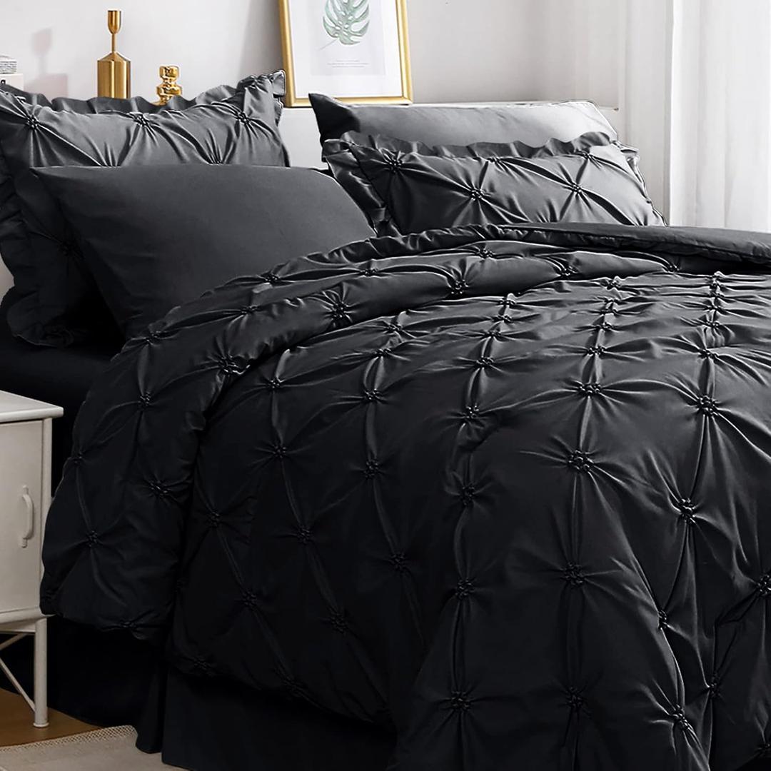 JOLLYVOGUE Black Twin Size Comforter Sets 5 Pieces, Pintuck Bed in a Bag Comforter Set for Bedroom, Bedding Comforter Sets with Comforter, Sheets,Ruffled Shams & Pillowcases (Twin(68"x 88"))