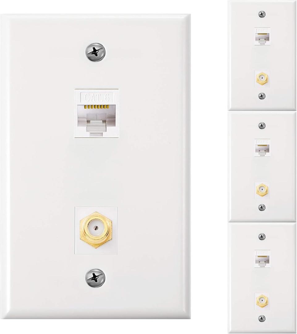 4 Pack Ethernet Coax Wall Plates, Cat6 Coax Wall Plate with Ethernet Port and Gold-Plated TV Coax Cable F-Type Port (White)