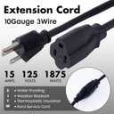 1ft Black Extension Cord Waterproof, UL Listed, 10/3 SJTW Heavy Duty 3 Prong, 10 Gauge 15A Power Cord Ideal for Lights, Appliances, and Lawn