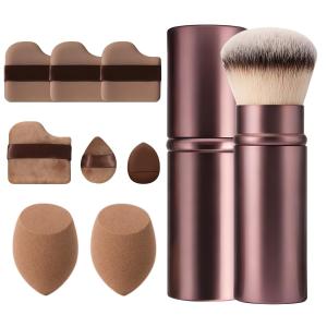 Beauty Sponge & Retractable Makeup Brush Set - 9 PCS Makeup Sponge Applicator Tool Set With Powder Puffs Beauty Sponges & Retractable Kabuki Brush for Foundation, Concealer, Liquid, Cream & Powder