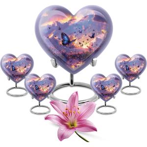 Twilight Butterflies Large Urn, Heart Urns for Adult Human Ashes Women/Men - Miniature Cremation Urns - Combo of 1 Large Urn (8") with Velvet Bag and 4 Mini (3") Keepsakes - Butterfly Ash Keepsake