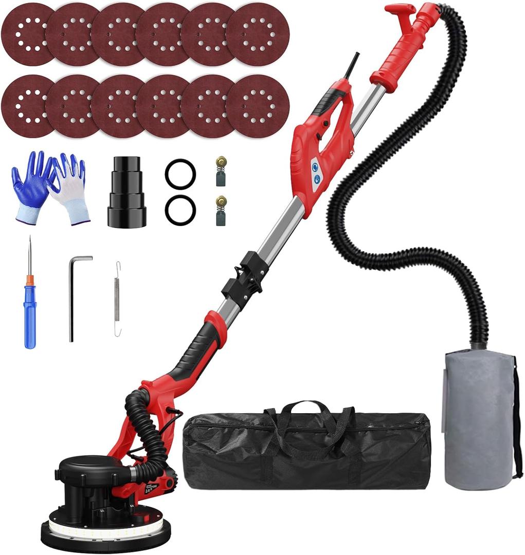 Drywall Sander with Vacuum Dust Collector(02/11/2025 Upgraded) 8-Amp Popcorn Ceiling Removal Tool with 7 Variable Speed 800-1800RPM, Extendable Handle, LED Light, 12pcs Sanding Discs, Red