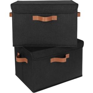 GRANNY SAYS Storage Bins with Lids, Decorative Storage Boxes with PU Handles, Black Storage Bin, Linen Closet Organizer, Shelf Baskets, Fabric Storage Bins for Clothes