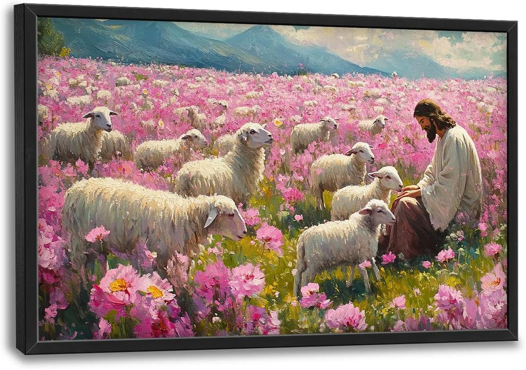 Jesus Lamb Large Wall Art Christian Religious Painting Wall Decor Church Canvas Prints Pink Pictures Framed Artwork Decoration for Prayer Bedroom Living Room Office 36"x24"