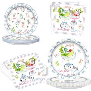 100pcs Mahjong Party Plates and Napkins Set, Blue Pink Bows Mahjong Cocktail Disposable Tableware Supplies for Gift Wedding Bridal Shower Birthday Game Night