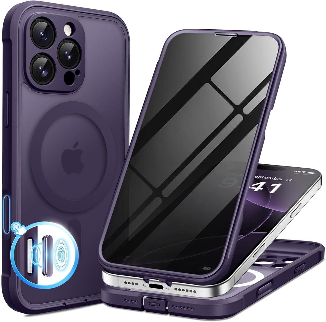 BERFY for iPhone 16 Pro Max Case, Compatible with MagSafe, Built-in Privacy Screen Protector, Camera Protection, Shockproof Full Body Phone Case 6.9", Translucent Deep Purple