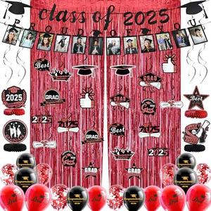 FRAMICS 82 Pieces Graduation Decorations 2025 Set, Graduation Banner Class of 2025, Graduations Photo Banner, Tinsel Backdrop Curtains, Ballons & Streamers Kit, Graduations Party Decorations, Red, 3 Pack
