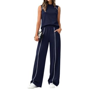 BTFBM Two Piece Sets for Women Summer Outfits 2026 Lounge Sets Mock Neck Tops Wide Leg Pants Travel Fashion Clothing (M)