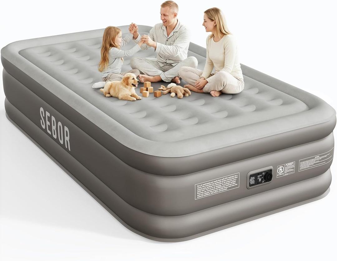 Sebor Air Mattress Queen with Built-in Pump 18", Comfortable Self-Inflating Blow up Mattress with High-Speed Pump, Durable Queen Size Air Mattress with Storage Bag for Guests, Moving, Camping, Travel