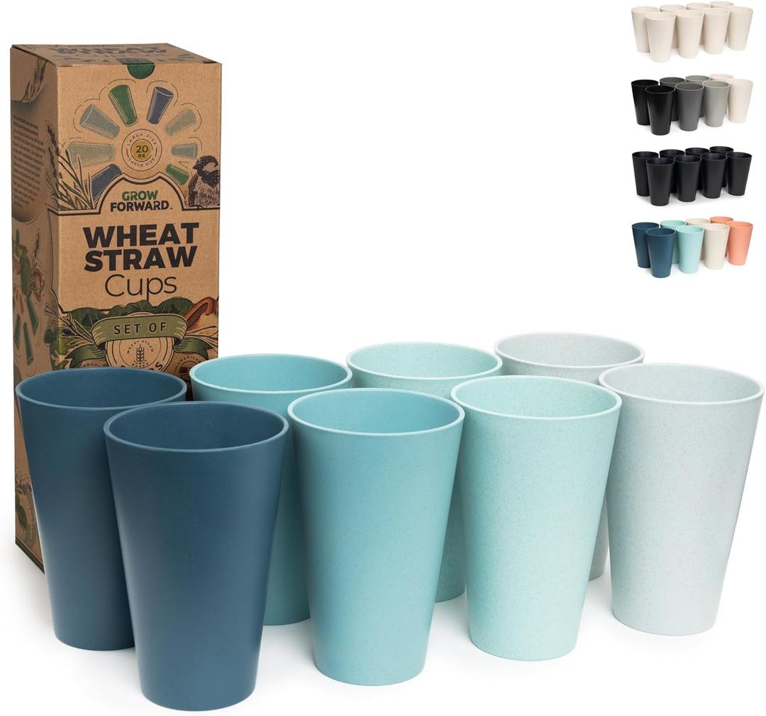 Grow Forward Premium Wheat Straw Cups - 20 oz Unbreakable BPA Free Hard Plastic Cups - Reusable Lightweight Plastic Drinking Glasses for Kitchen, Outdoor, Water, Camping, RV - Seascape
