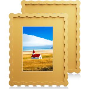 8X10 Wavy Picture Frame With Mat For 5x7, Wavy Edge Wooden Picture Frame with Real Glass - Wall Mount and Tabletop Display, Yellow, 2 Pack