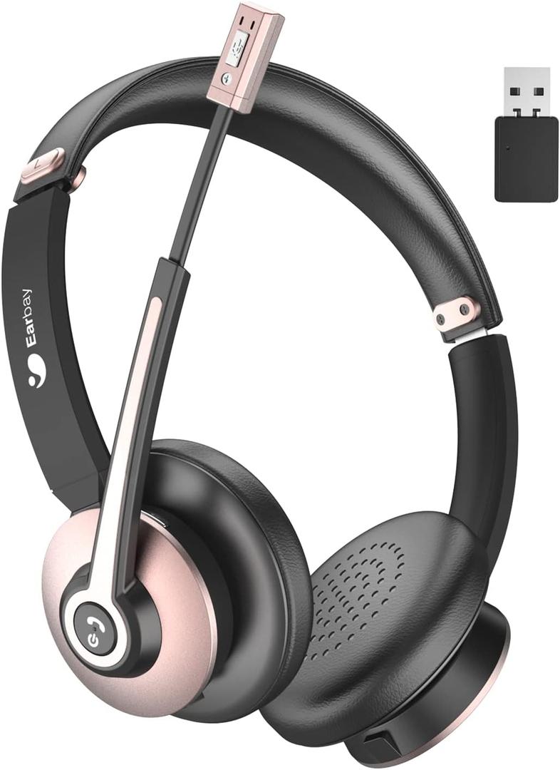 Earbay Bluetooth Headset with Microphone, Wireless Headset with Noise Cancelling Mic, On Ear Headphone with USB Dongle & Mute Button, 26hrs Talk time for PC/Office/Zoom/Skype Rose Gold