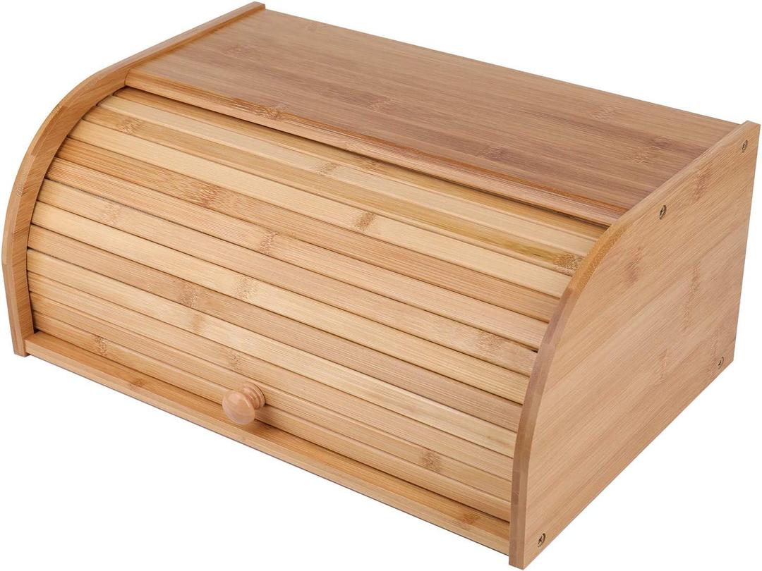 Lawei Bamboo Bread Box, Large Natural Roll Top Wood Bread Box, Countertop Bread Storage Bin, Bread Boxes Holder for Kitchen Food Storage, No Assembly Required