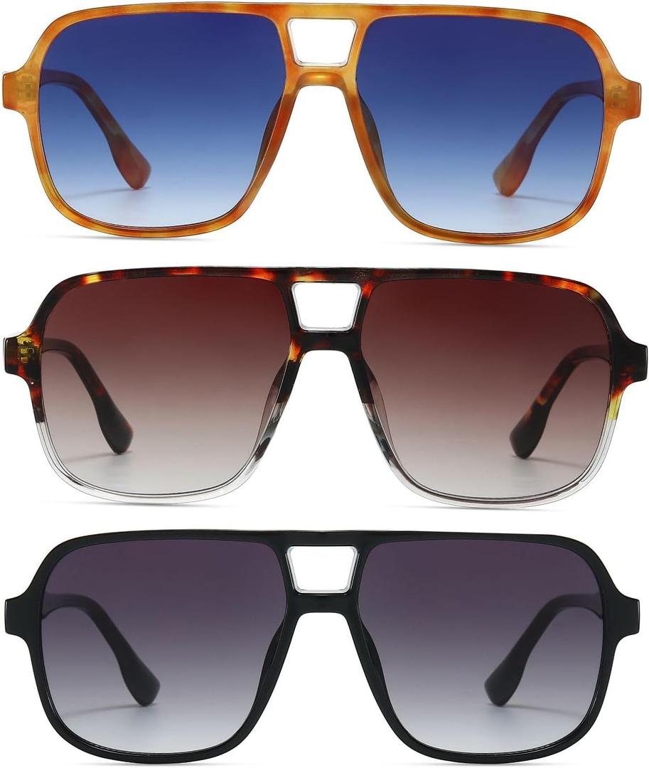 Freckles Mark Retro Aviator Sunglasses for Mens Womens Double Bridge Vintage 70s Square Glasses (Black+yellow Tortoise+brown Tortoise)