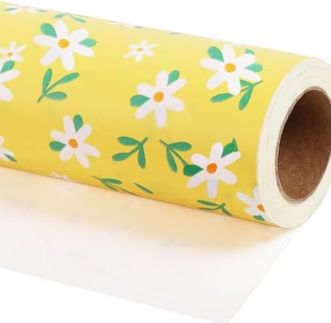 WRAPAHOLIC Jumbo Kraft Floral Wrapping Paper Roll - 30 Inch x 33 Feet - Vintage Toile Yellow Floral Paper for Birthday, Bridal Shower, Wedding, Baby Shower