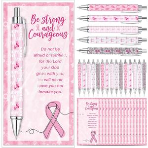 100 Set Breast Cancer Awareness Pens Bulk Pink Ribbon Ballpoint Pens with Motivational Cards Bags Breast Cancer Awareness Accessories Items for Women Survivor Public Events Gift Supplies