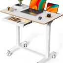 Mobile Standing Desk, 35inch Small Rolling Table with Drawer, Height Adjustable Sit Stand Workstation, White Portable Laptop Cart with Hidden Wheels or Lockable Casters