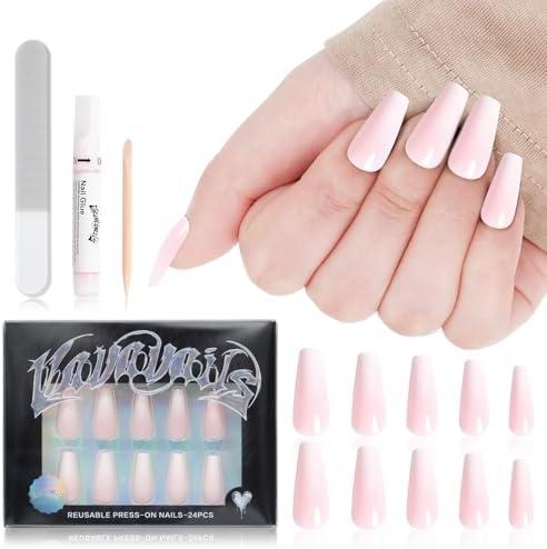 VAVAVAILS Coffin Press On Nails, Ombre & Glossy Fake Nails, Reusable Press Ons Set for Women Daily Wear, Durable, 12 Sizes - 24 Pcs with Glue & Jelly Gel, Gradient Pink