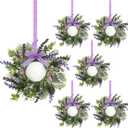 6 Pcs Mini Lavender Hanging Wreaths Purple Daisy Candle Rings Pillar Holder Wreath Wild Flower Spring Summer Floral Wreaths for Farmhouse Porch Front Door Cabinets Window