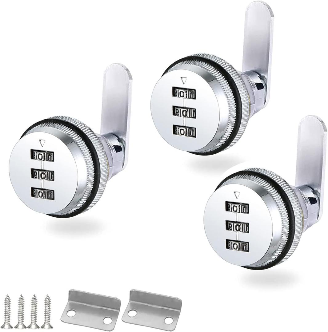 3 Pack Combination Cabinet Lock, Password Coded Cabinet Lock,Combination cam Locks with- Suitable for 1-1/8'' Cabinet Deposit Box Mailbox (Silver, 3pcs for 0.3-0.9 inch)