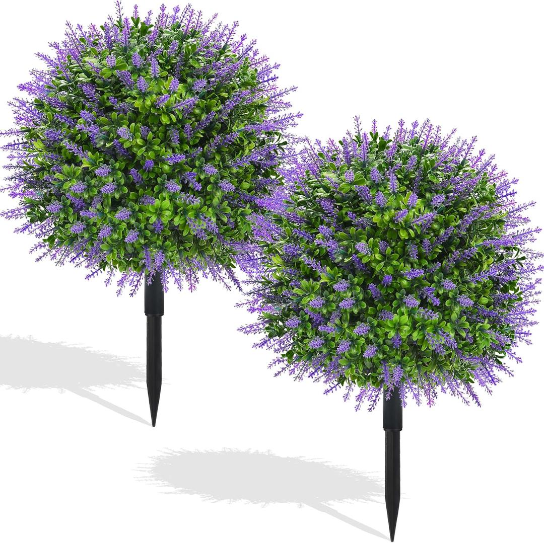 Der Rose 21" Artificial Lavender Topiary Ball Trees with Ground Spike Set of 2 Outdoor Artificial Plants UV Resistant Artificial Shrubs Fake Bushes for Front Porch Garden Decor