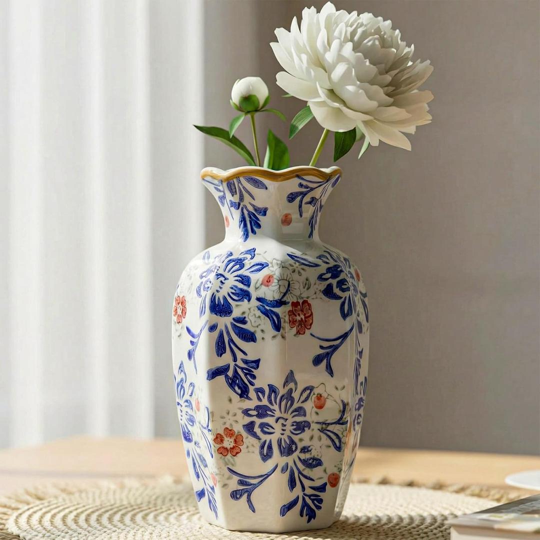 LemonRoad 9.5 Inch Vintage Ceramic Vase Chinoiserie Blue and White Flower Vase Porcelain Decorative Antique for Living Room Kitchen Bedroom Decor Table Centerpiece