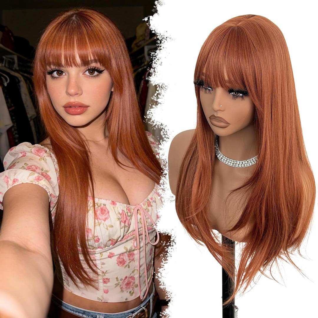 Ginger Wig for Women Long Straight Layered Wigs with Bangs 26 Inches Orange Wig with Bangs Synthetic Wigs for White Women Natural Looking Hair Replacement Wig for Girls Daily Party Use