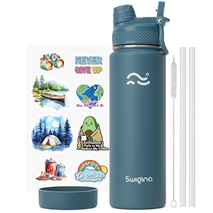 Swigina [2IN1 LID] Insulated Water Bottle with Silicone Boot (36hrs Cold/18hrs Hot)  DIY Stickers, Leakproof, BPA Free, 24 oz