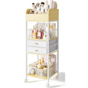 Makeup Organizer Cart with 2 Drawers, Rolling Bathroom Organizers and Storage- Versatile Skincare Perfume Storage Vanity Organizer, Natural Wood and White Iron