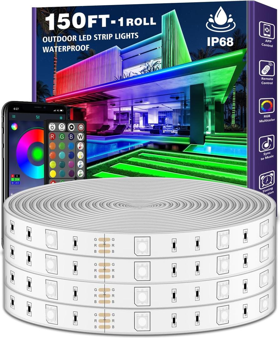 AILBTON 150ft Outdoor LED Strip Lights Waterproof,IP68 Outside Led Light Strips Waterproof with Bluetooth App Remote Control, Music Sync RGB Exterior Led Rope Lights for Balcony, Deck, Roof, Garden, Pool