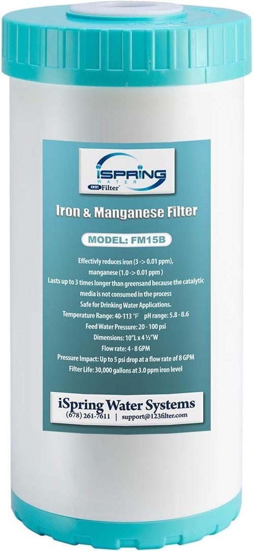 iSpring FM15B Iron and Manganese Reducing Replacement Water Filter Cartridge for Whole House Water Filtration System iSpring WGB21BM, 10"x4.5" High Capacity