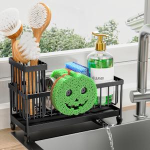 Cisily Sponge Holder for Kitchen Sink, Sink Caddy Organizer with High Brush Holder, Kitchen Countertop Organizers and Storage Essentials, Rustproof 304 Stainless Steel (Black with Smiley Face, 9.25)