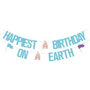 Happiest Birthday On Earth Banner,Castle Theme Bday Banner,Princess Birthday Party Decorations,Baby Shower Party Supplies for Girls Blue